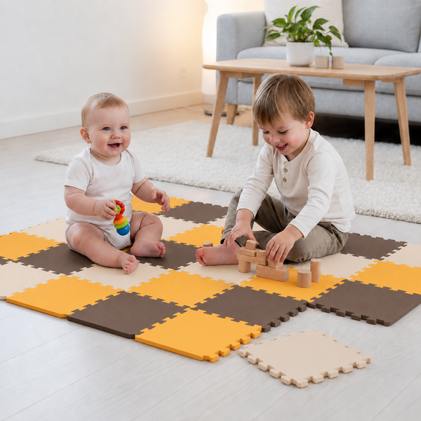 Zwei Kinder spielen auf einer bunten Puzzlematte aus Schaumstoff im Wohnzimmer, ein Kleinkind hält ein Spielzeug und eines baut mit Holzklötzen.