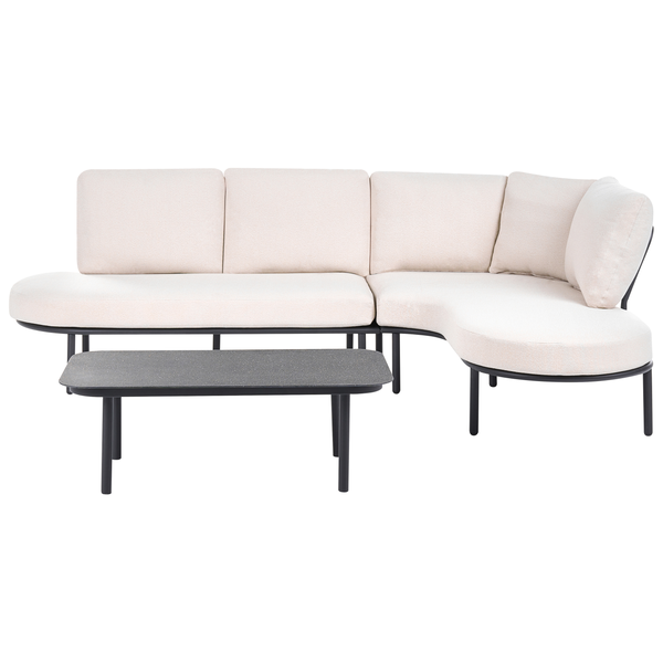 Modernes Lounge-Set mit hellem Ecksofa und passendem Couchtisch mit dunkler Platte auf schwarzem Metallgestell.
