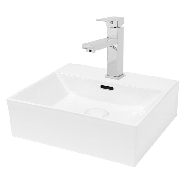 ECD Germany Waschbecken Waschtisch 415x360x130 mm Keramik Weiß Eckig + Wasserhahn Standard Chrom Eckig + Ablaufgarnitur Pop-Up Ventil Weiß, Aufsatzwaschbecken Aufsatzwaschtisch Waschschale Spülbecken