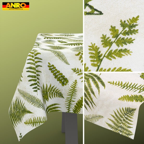 ANRO Logo. Tischdecke mit Farnblatt-Muster. Detailansichten zeigen die Gewebestruktur und das Muster.
