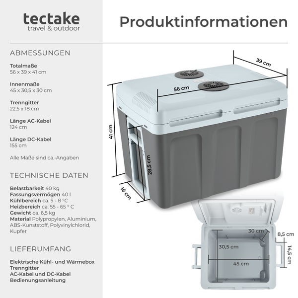 Abbildung einer elektrischen Kühl- und Warmhaltebox mit Maßangaben.