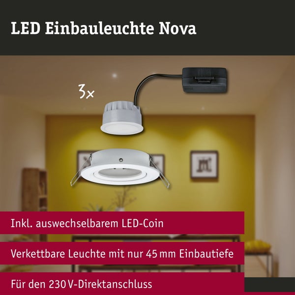 Dreier-Set LED-Einbauleuchten Nova mit auswechselbarem LED-Modul, 45 Millimeter Einbautiefe und Anschlussbox für 230 Volt Direktanschluss.