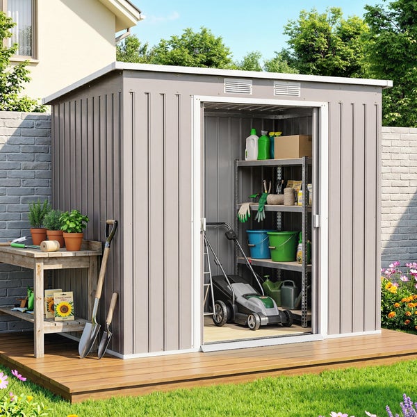 Metall-Gerätehaus auf Holzterrasse, offener Eingang zeigt Regal und Rasenmäher, daneben hölzerner Pflanztisch.