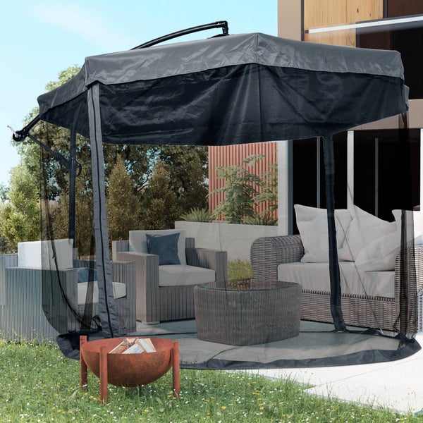 Outsunny 360° Drehbarer Ampelschirm, Sonnenschirm mit Handkurbel und Moskitonetz, für 8 Personen, 295 x 295cm, Stahl, Polyester, Dunkelgrau
