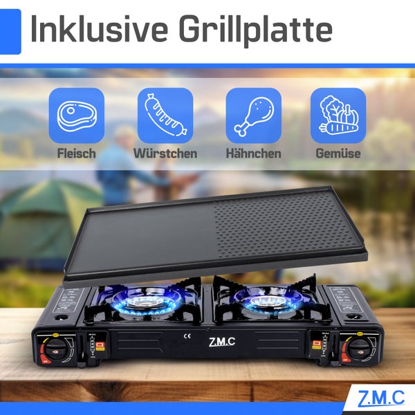 ZMC Camping Gaskocher 2-flammig mit 8x Gaskartuschen 227g und Grillplatte, 2,5 KW inkl. Adapter für LPG Anschluss + Aufbewahrungskoffer Campingkocher Set mit Piezozündung, für Outdoor und Innenraum