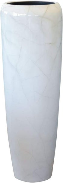 Hohe, schlanke Bodenvase aus Keramik in Weiß mit glänzender Oberfläche und feinem Rissmuster.
