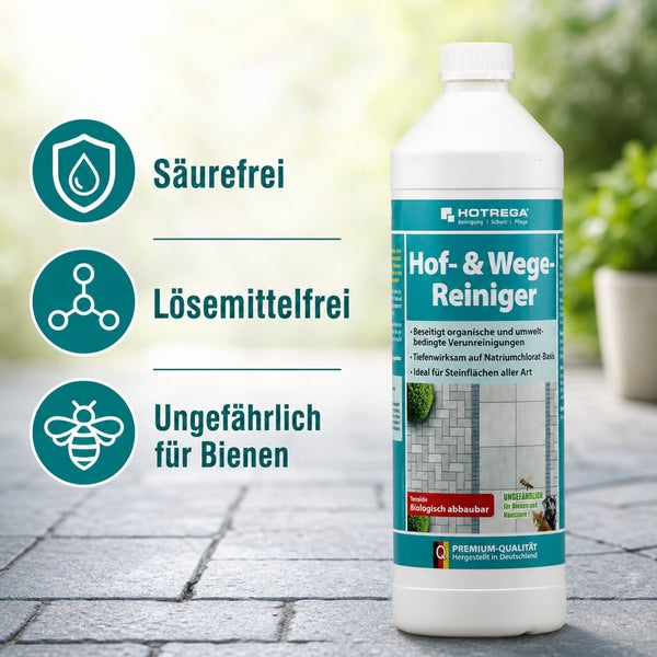Hotrega Hof- und Wege-Reiniger Flasche säurefrei, lösemittelfrei und ungefaehrlich fuer Bienen zur Reinigung von Stein- und Hofflaechen.