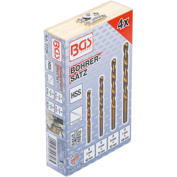 BGS Technic Bohrerset mit vier HSS-Bohrern im Holzkasten
