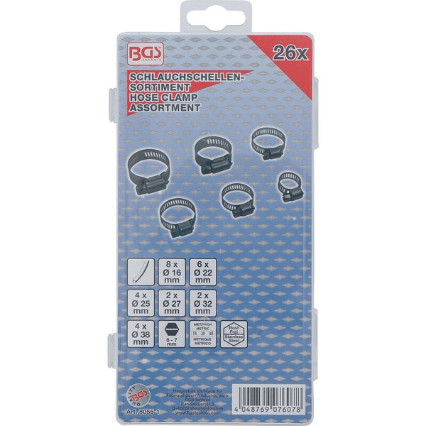 BGS Schlauchklemmen-Sortiment rostfrei Ø 16 - 38 mm 26tlg. - 8055-1