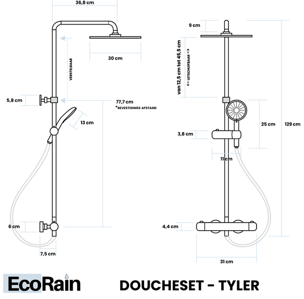 EcoRain 30% Wassersparender Regendusch-Duschset Tyler 30 CM Rund mit Thermostatarmatur - Handbrause 12 CM - Hoher Druck - Universell - Anti-Kalk Duschkopf - Schwarz