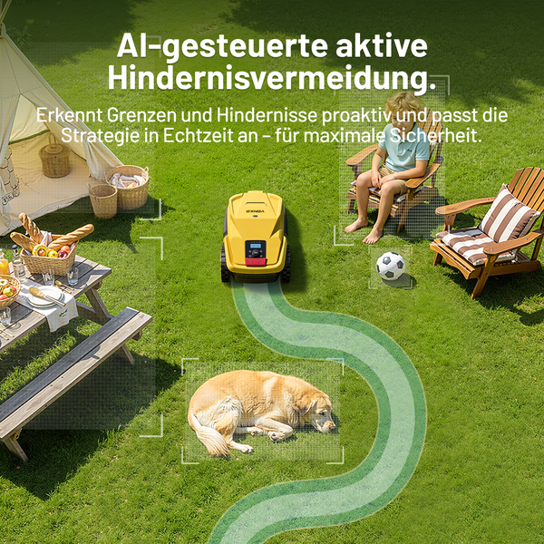 Mowox Mähroboter mit künstlicher Intelligenz zur Hindernisvermeidung in einem Garten mit schlafendem Hund, Kind auf einem Stuhl und Picknicktisch.