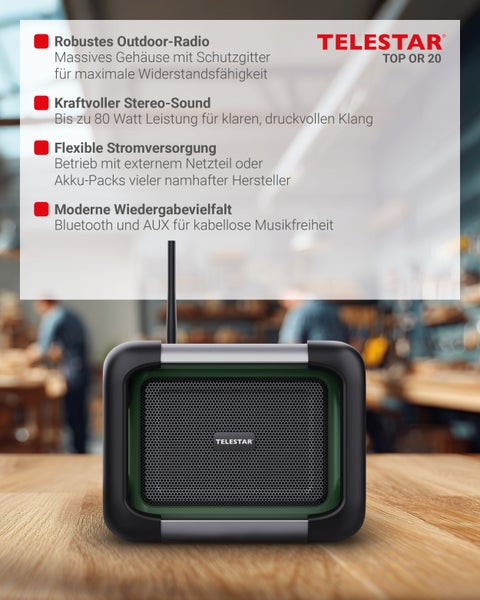 Telestar Top OR 20 Outdoor Radio mit Bluetooth und AUX Schnittstelle auf einem Holztisch.