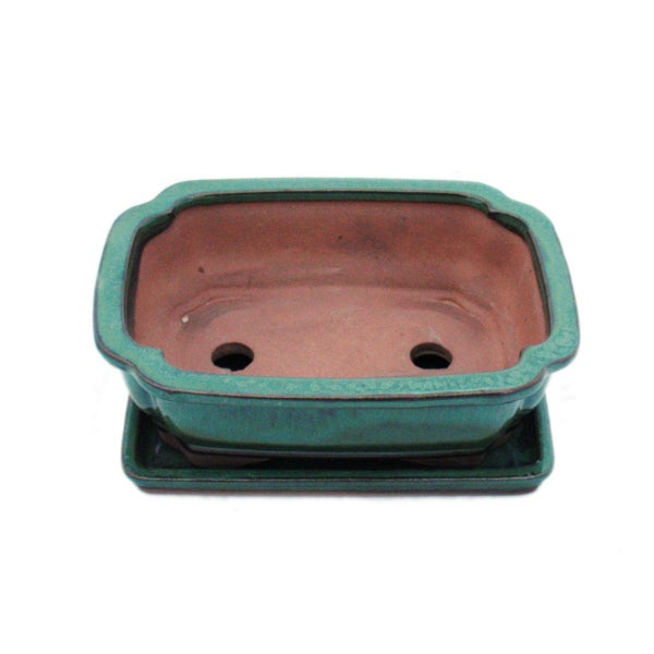 Rechteckige Bonsaischale aus Keramik mit Untersetzer