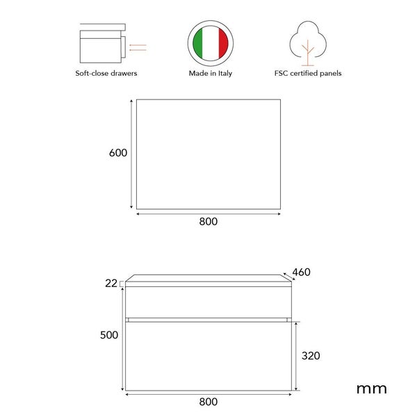 Technische Zeichnung mit Maßangaben für einen Waschtischunterschrank mit Softclose Schubladen, hergestellt in Italien aus FSC zertifizierten Platten.