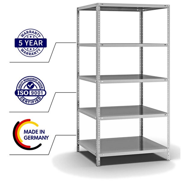 PROREGAL Fachbodenregal Schraubsystem Light-Duty Grundregal HxBxT 200 x 100 x 80 cm 5 Ebenen Fachlast 125 kg Beidseitig Nutzbar Verzinkt