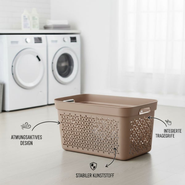 Wäschekorb aus Kunststoff mit atmungsaktivem Design und integrierten Tragegriffen