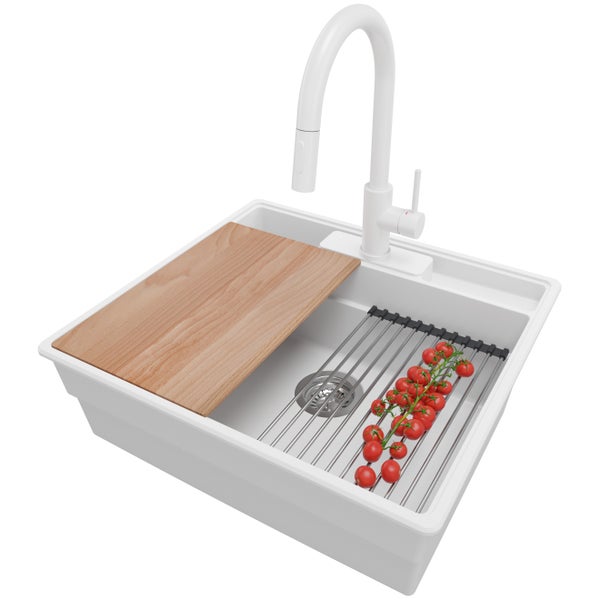 PRIMAGRAN Granitspüle Weiß 58x53cm, Spülbecken 1 Becken + Küchenarmatur 40x20cm + Ablauf-Set + Küchenzubehörset, Küchenspüle ab 60er Unterschrank - New York