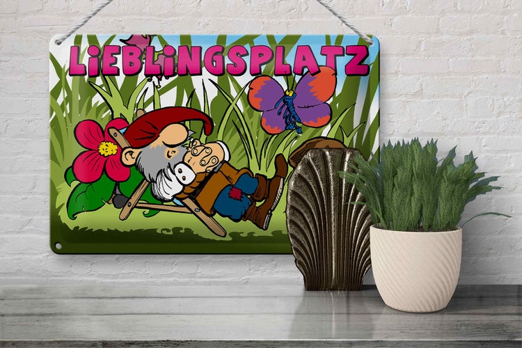 Blechschild Spruch 30x20cm Lieblingsplatz Zwerg im Garten