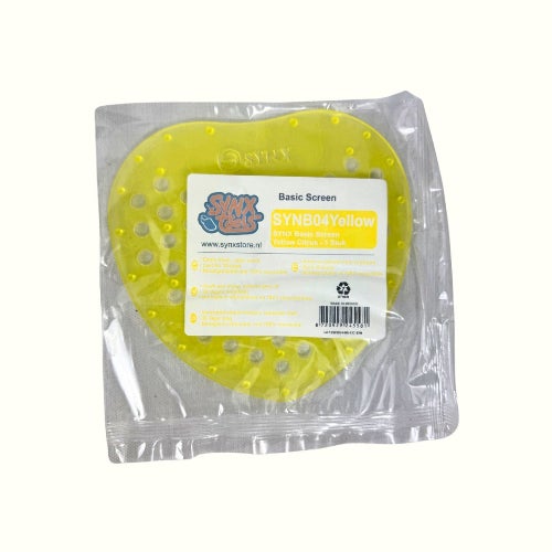 Gelber Urinal-Sieb in ungeöffneter Verpackung