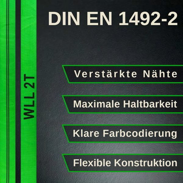 Rundschlinge 2 Tonnen Tragkraft nach DIN EN 1492-2 mit verstärkten Nähten, maximaler Haltbarkeit, Farbcodierung und flexibler Konstruktion.
