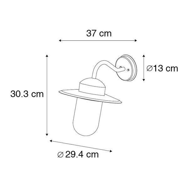 Außenwandleuchte Skizze mit Maßen: Höhe 30,3 Zentimeter, Tiefe 37 Zentimeter, Durchmesser 29,4 Zentimeter, Wandhalterung Durchmesser 13 Zentimeter.