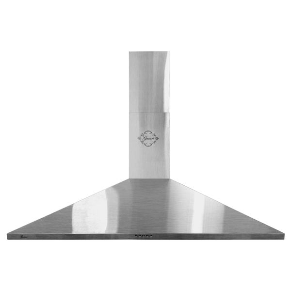 Wandhaube aus Edelstahl in Pyramidenform von Gurari mit Kamin und Drucktasten.