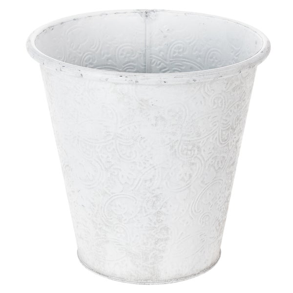 Weißer Zink-Pflanztopf mit Ornament-Prägung und Antik-Finish.