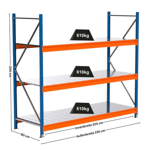 Lagerregal mit drei Ebenen und Gewichtsangabe pro Ebene