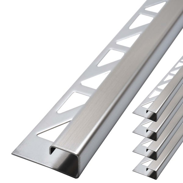 Fliesenprofil aus gebürstetem Edelstahl, Quadratprofil für Kanten an Wand und Boden, Set mit fünf Stück.