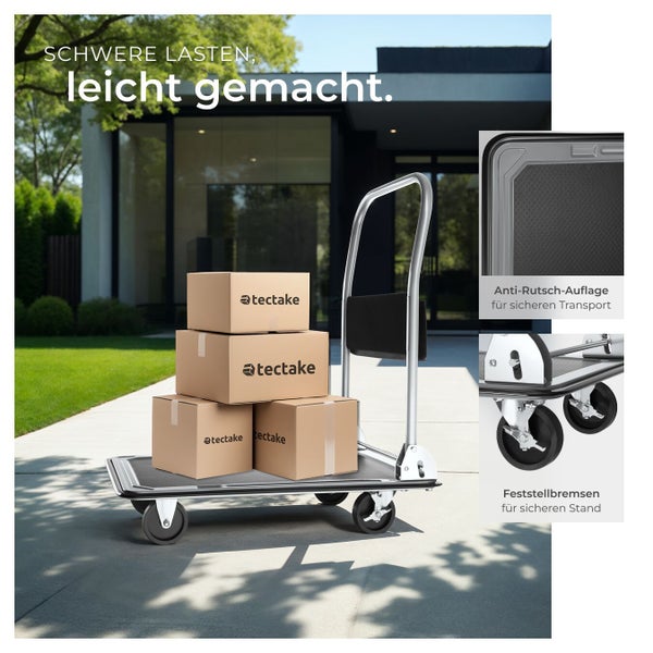 Tectake Transportwagen mit Kartons, rutschfester Auflage und Feststellbremsen vor einem Haus.