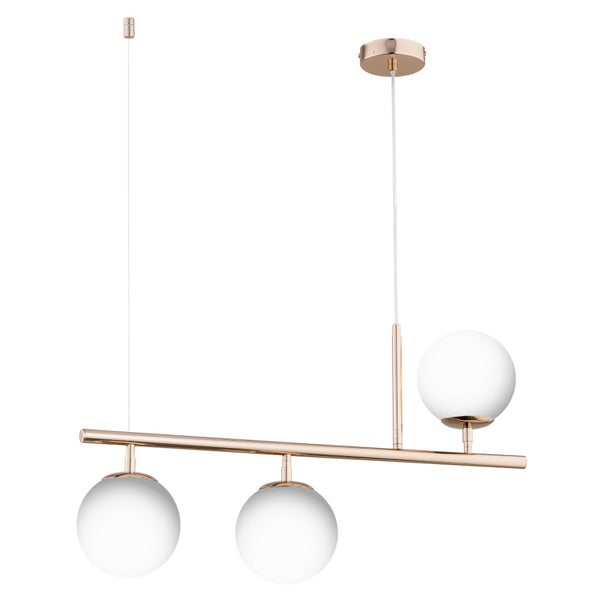 Moderne Pendelleuchte mit drei kugelförmigen Glaskugeln an einer horizontalen Metallstange in glänzender Optik
