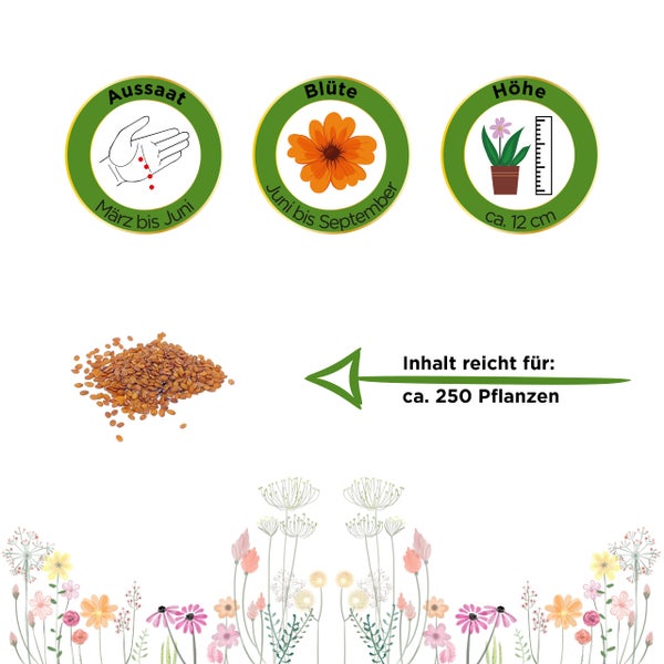 Symbole für Aussaat März bis Juni, Blüte Juni bis September und Wuchshöhe circa 12 cm. Inhalt reicht für circa 250 Pflanzen.
