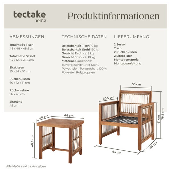 Produktinformationen für ein Gartenmöbel-Set aus Akazienholz mit Maßen für Tisch (48 x 48 x 48,5 Zentimeter) und Sessel (64 x 64 x 78,5 Zentimeter).