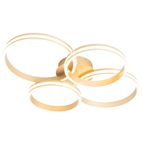 Moderne LED-Deckenleuchte mit vier goldfarbenen Ringen in verschiedenen Größen.
