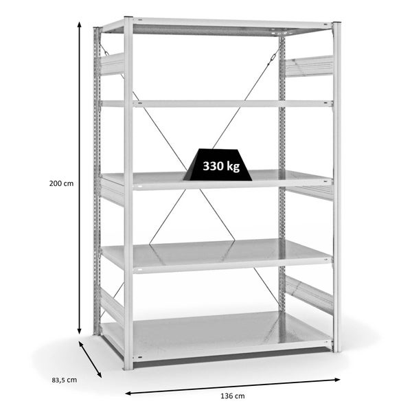 PROREGAL Fachbodenregal Stecksystem T-Profil Heavy-Duty Grundregal HxBxT 200 x 130 x 80 cm 5 Ebenen Fachlast 330 kg Einseitig Nutzbar Lichtgrau