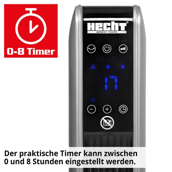 Hecht Logo und Detailansicht der Timer-Funktion eines Heizgeräts, einstellbar zwischen 0 und 8 Stunden