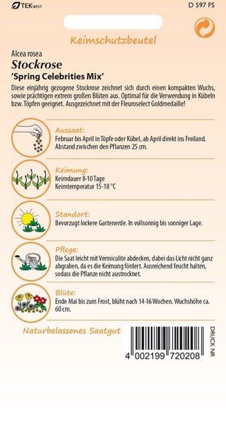 Samenpackung Stockrose Spring Celebrities Mix mit Informationen zu Aussaat, Keimung, Standort, Pflege und Blüte