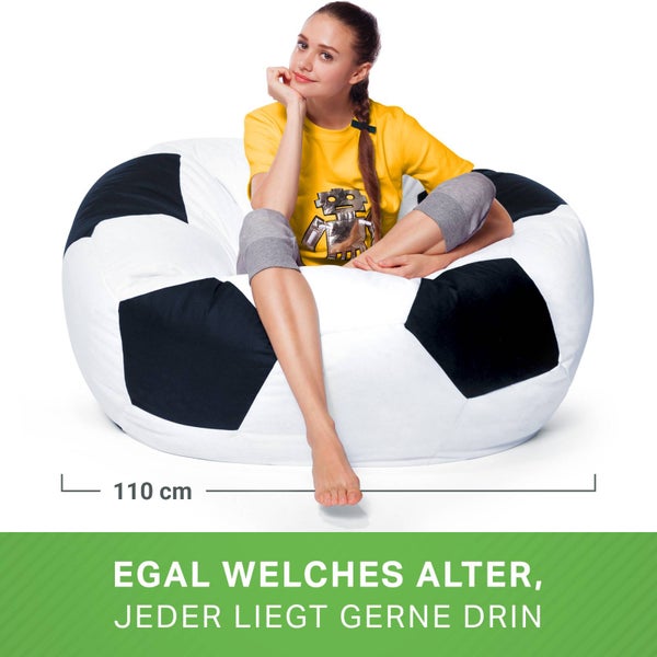 Green Bean Fußball-Sitzsack fertig befüllt 250L EPS Perlen - Kinder & Erwachsene 90cm Bean Bag Riesensitzsack Liegekissen Lounge Chair Sitzkissen Waschbarer Bezug Gaming Sessel Schwarz/Weiß