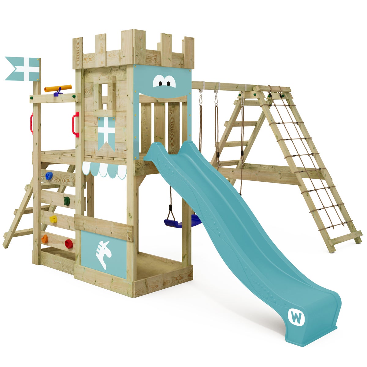 WICKEY Spielturm Ritterburg DragonFlyer mit Schaukel und Rutsche, Spielhaus mit Sandkasten, Kletterleiter und Spiel-Zubehör – pastellblau