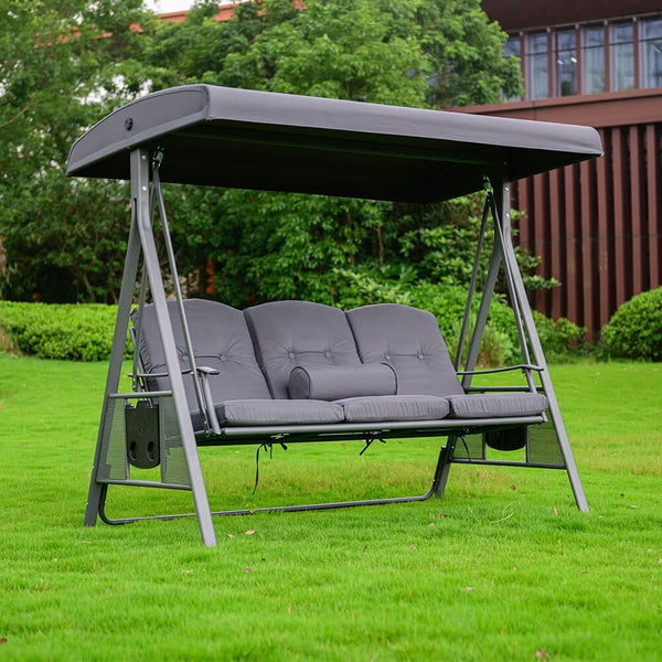 Home Deluxe - Hollywoodschaukel DESCANSO Grau - 3-Sitzer, B/H/L 115cm x 195cm x 198cm, inkl. Getränkehalter, Sitz- und Rückenkissen I Gartenliege Gartenlounge Schaukelliege