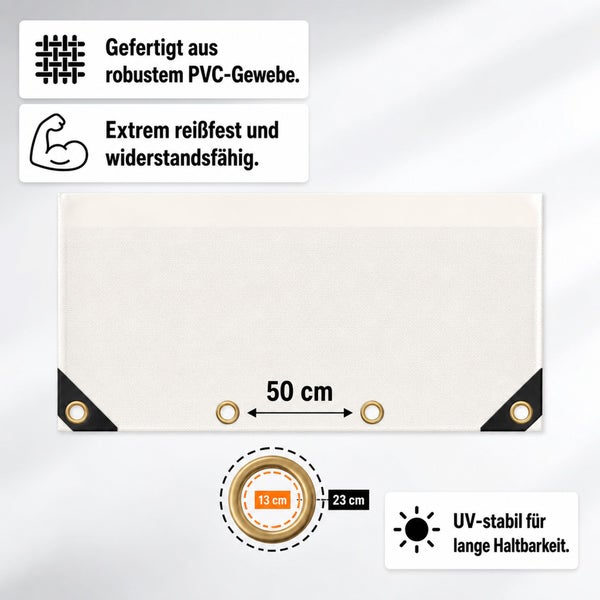 Rechteckige Abdeckplane aus robustem PVC Gewebe mit Ösen, 50 Zentimeter Ösenabstand, UV stabil und reißfest.
