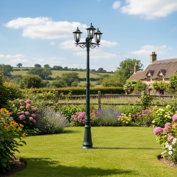 Dreiflammige Kandelaber-Mastleuchte im klassischen Stil auf einem Rasen in einem Garten mit Blumenbeeten und Landhaus.