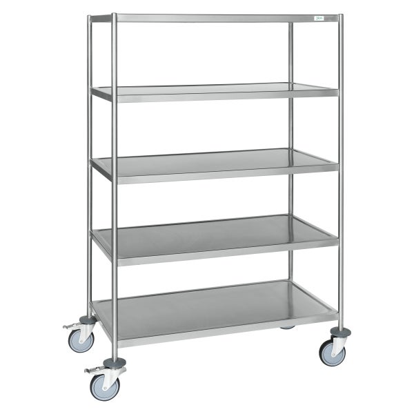 Edelstahl Servierwagen mit vier Ablageflächen und Rollen