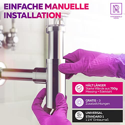 Ablaufgarnitur Waschbecken POP UP mit Überlauf + Design Siphon Waschbecken Extra Starke 304er Edelstahl Wände mit 750g - Geruchsverschluss inkl. Dichtungen