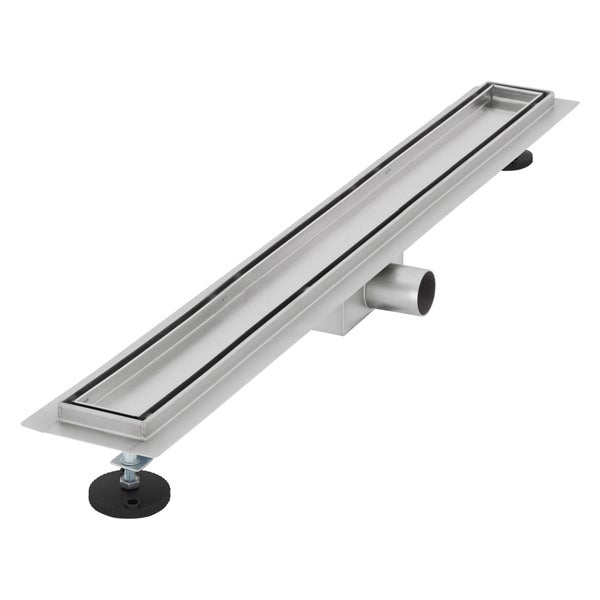 Duschrinne aus Edelstahl mit verstellbaren Füßen und Flansch für bodengleiche Duschen.