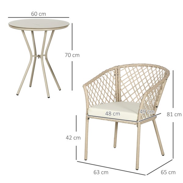 Outsunny Rattan Gartenmöbel-Set 3-tlg., Gartengarnitur mit Couchtisch, 2 Stühlen, Balkonmöbel-Set mit Kissen, Gartensitzgruppe für Balkon, Terrasse, Khaki