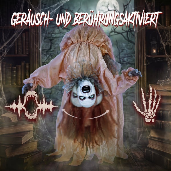 Animierte Halloween Gruselfigur in einem Kleid, geräusch- und berührungsaktiviert für die Innenraumdekoration.