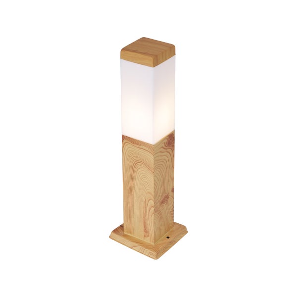 Quadratische Außenleuchte in Holzoptik mit weißem Diffusor in Säulenform.
