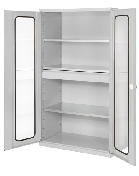 Offener Stahlschrank mit Fachböden und Glastüren