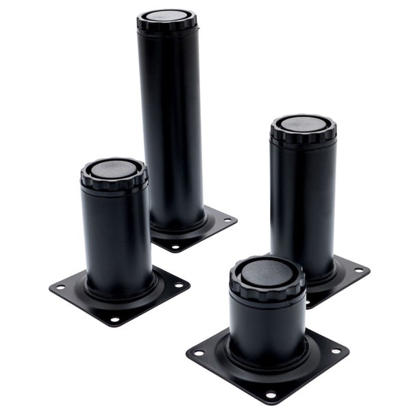 Vier schwarze, höhenverstellbare Möbelfüße mit Montageplatte
